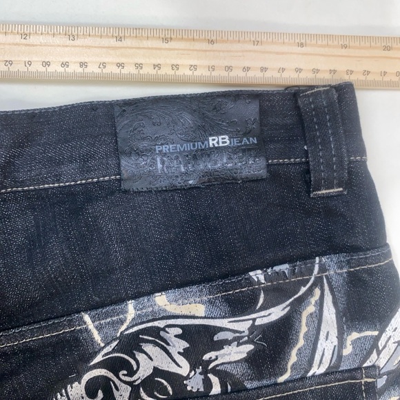 Y2K‎ Baggy JNCO Style Graphic Denim Shorts Lightning Fleur-de-Lis Bling Detail - Picture 10 of 16